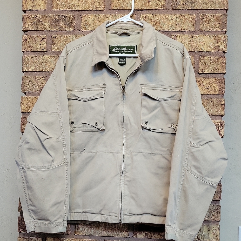 Eddie Bauer Y2K Khaki Utility Field Cotton Jacket Large Distressed Workwear